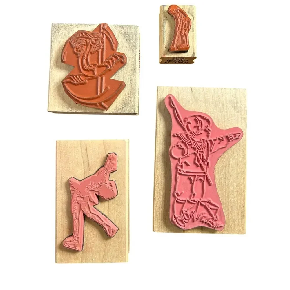 Vtg Wood Mounted Rubber Stamps- Sports Activities- Set of 4 Assorted Preowned